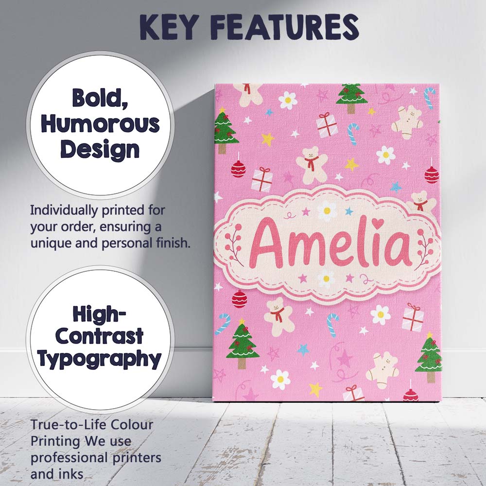 Personalised Name Cute Christmas Teddy Custom Modern Room Accent Elegant Feature Canvas Wall Art Print Decor Picture Ready to Hang