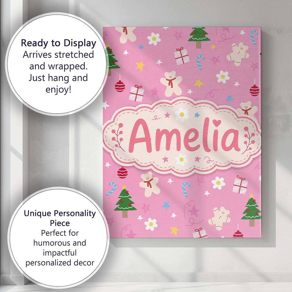 Personalised Name Cute Christmas Teddy Custom Modern Room Accent Elegant Feature Canvas Wall Art Print Decor Picture Ready to Hang