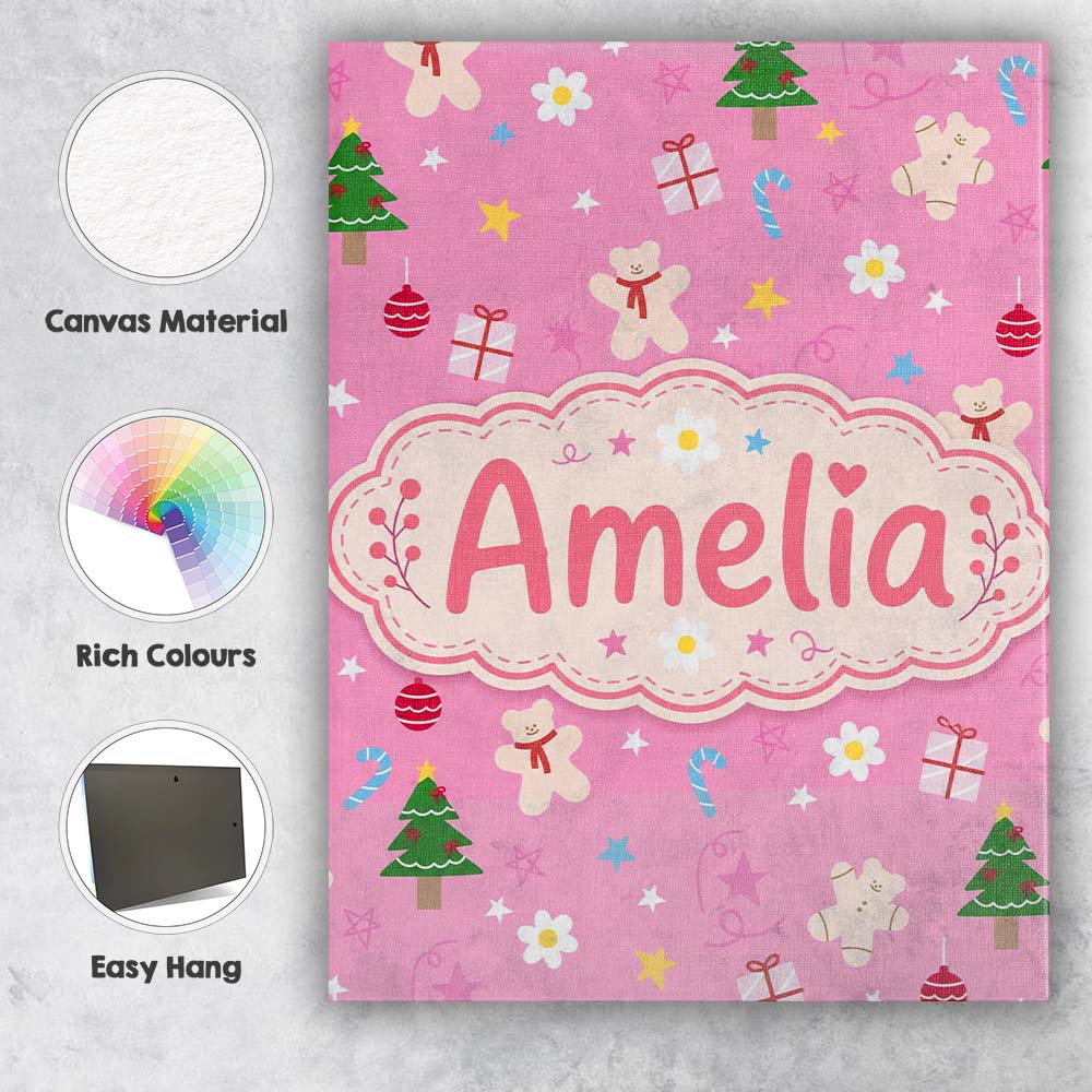 Personalised Name Cute Christmas Teddy Custom Modern Room Accent Elegant Feature Canvas Wall Art Print Decor Picture Ready to Hang