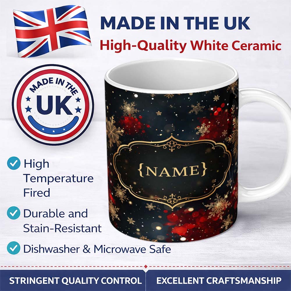 Personalized Custom Name Dark Festive Snowflake Sparkle Seamless Pattern Perfect Gift for Her 11oz Ceramic Coffee Tea Mug White Large Handle