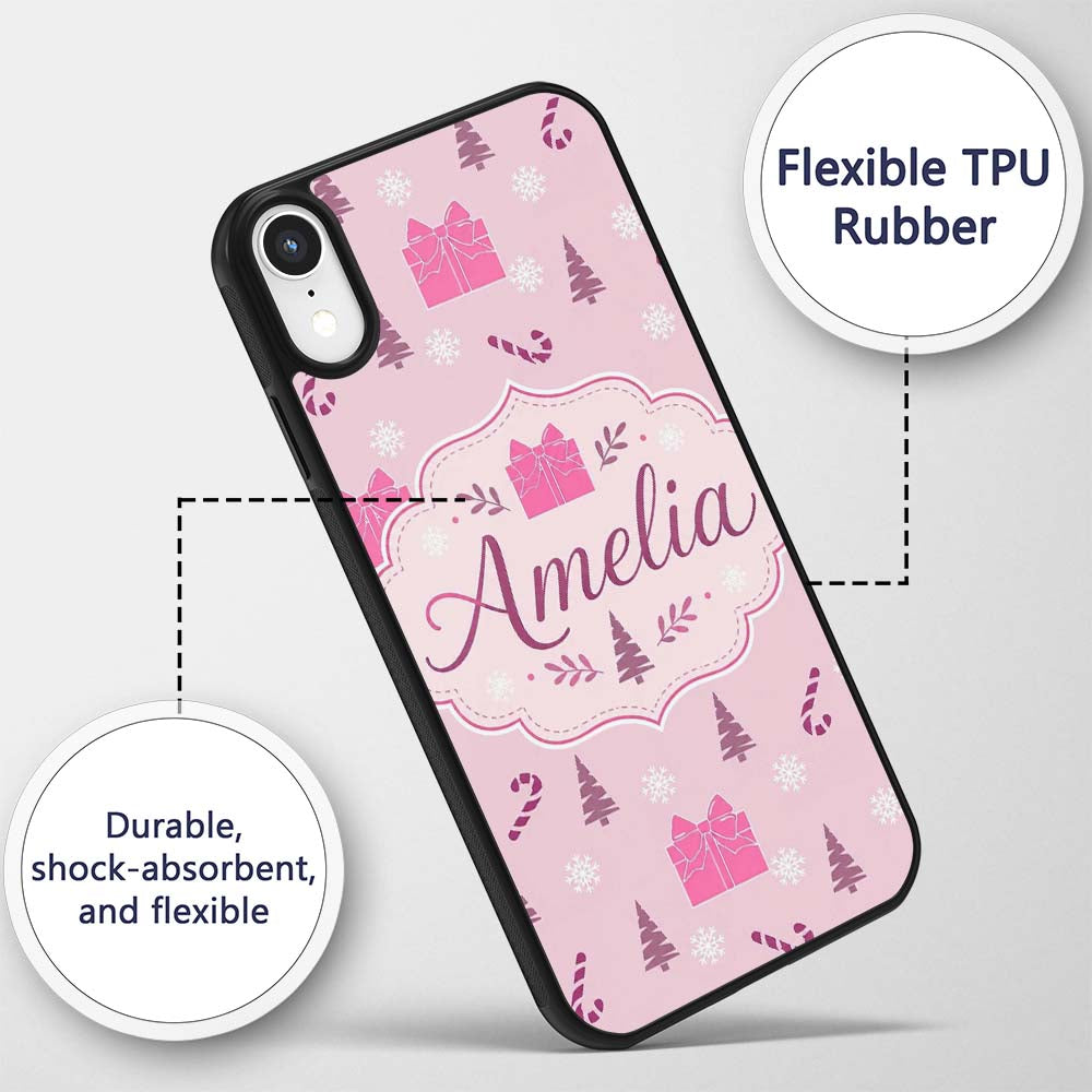Cute Pink Christmas Gifts Candy Cane Snowflake Custom Name Protective Phone Case Mobile Cover Durable Everyday Smartphone Shock Resistant