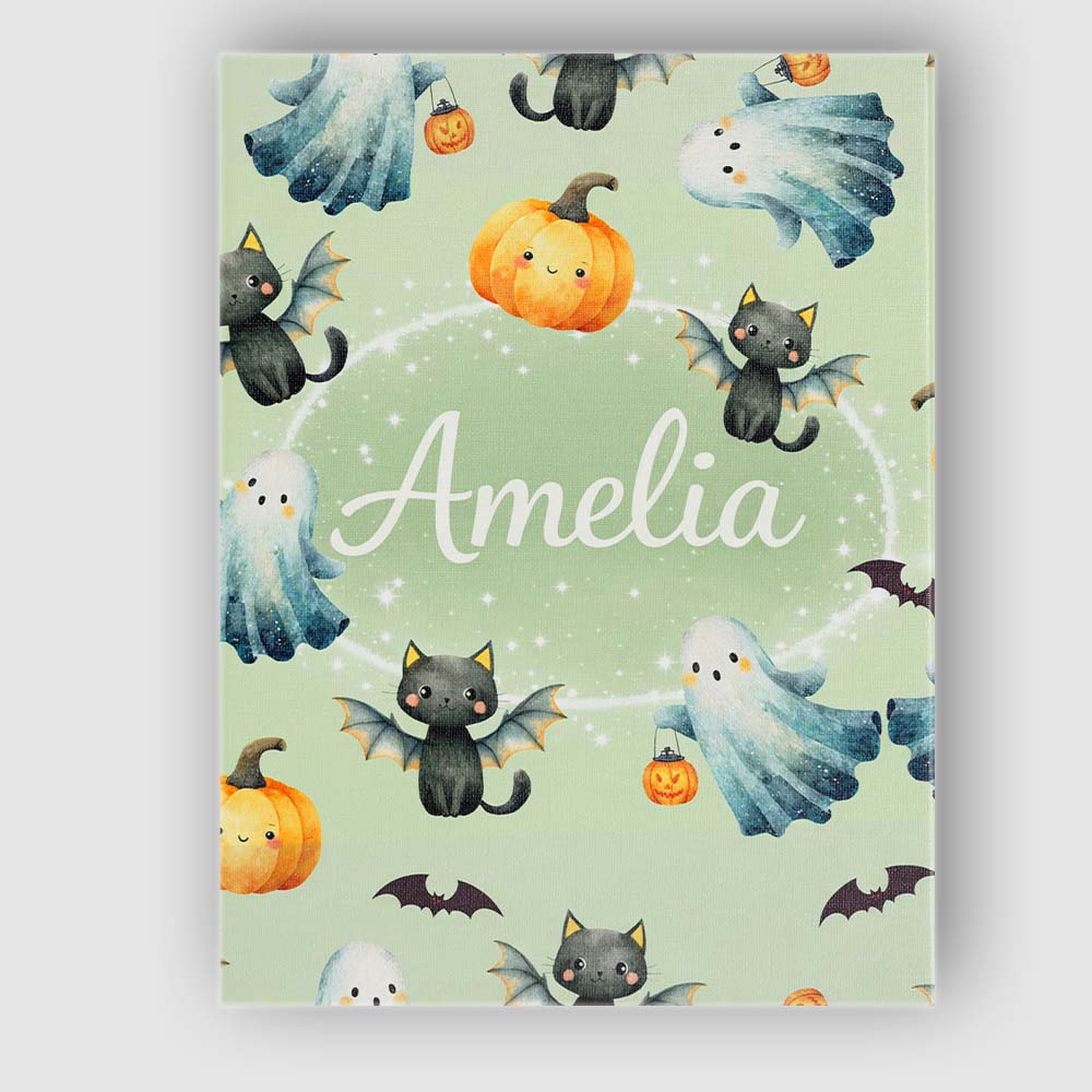 Personalised Name Halloween Ghost Pumpkin Cat Seamless Pattern Sage Custom Canvas Wall Art Print Decor Picture Ready to Hang