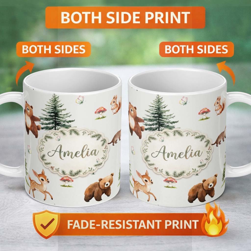 Personalized Custom Name Bear Bunny Squirrel Trees Mushrooms Butterfly Soft Neutral Seamless 11oz Ceramic Coffee Tea Mug White Large Handle