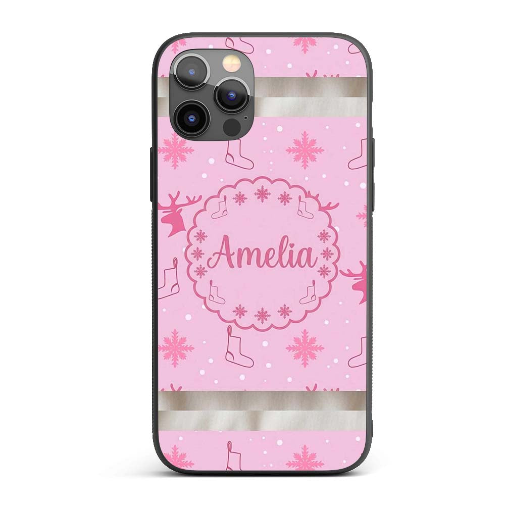 Cute Reindeer Snowflake Christmas Stocking Pink Custom Name Protective Phone Case Mobile Cover Durable Everyday Smartphone Shock Resistant