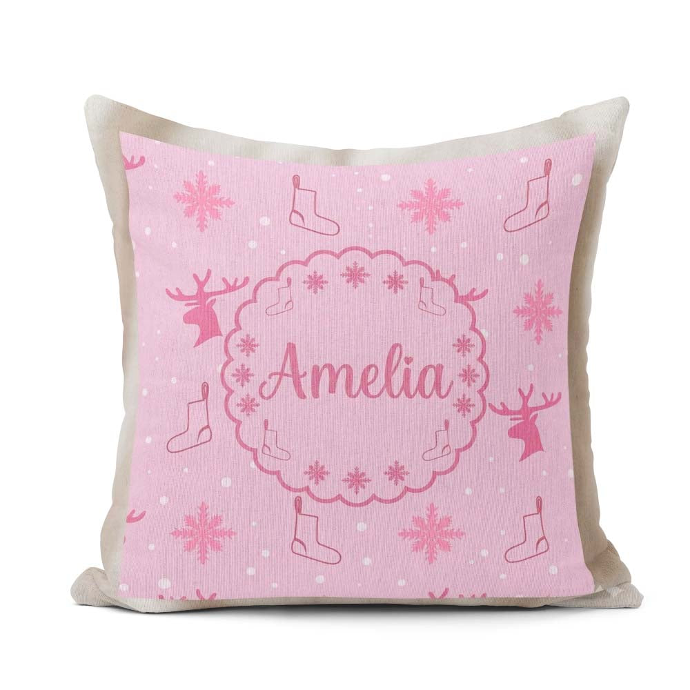 Custom Name Reindeer Snowflake Christmas Stocking Pink Seamless Square Filled Cushion Throw Pillow Sofa Bed Home Decor Zip Washable UK Made