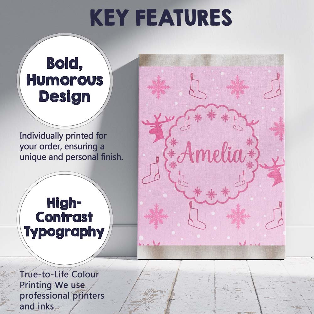 Personalised Name Cute Reindeer Snowflake Custom Unique Gift Idea Elegant Feature Canvas Wall Art Print Decor Picture Ready to Hang