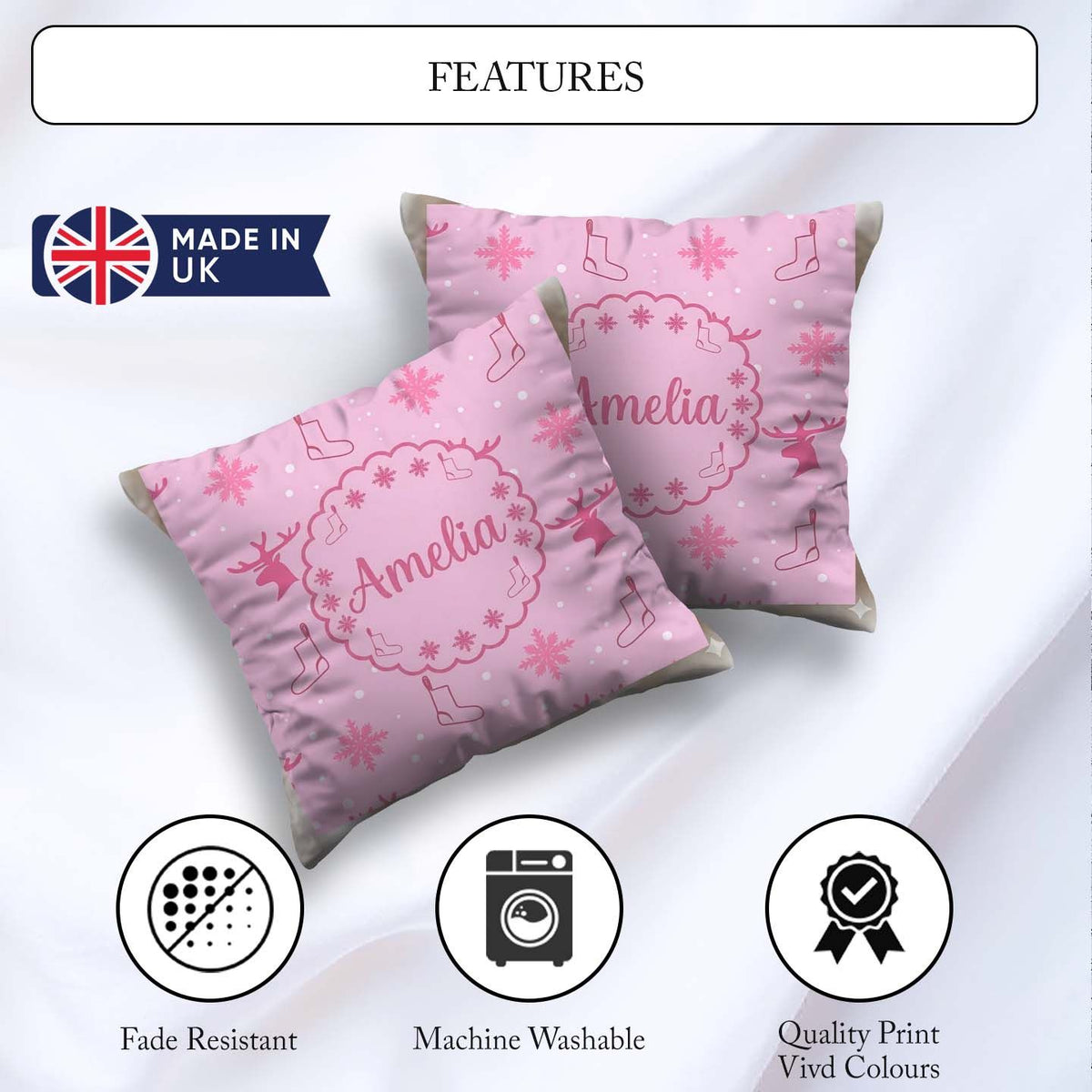 Custom Name Reindeer Snowflake Christmas Stocking Pink Seamless Square Filled Cushion Throw Pillow Sofa Bed Home Decor Zip Washable UK Made