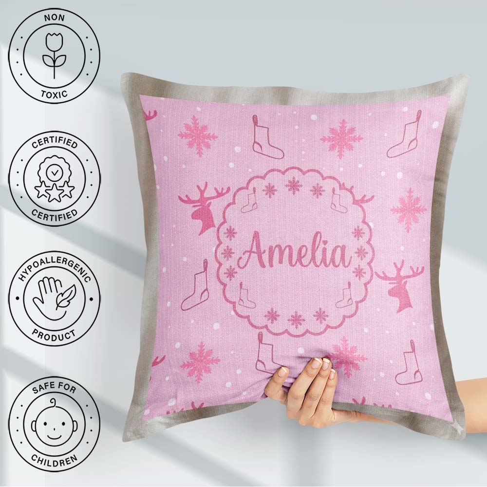 Custom Name Reindeer Snowflake Christmas Stocking Pink Seamless Square Filled Cushion Throw Pillow Sofa Bed Home Decor Zip Washable UK Made