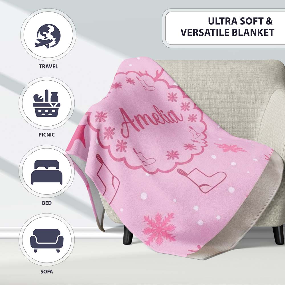 Cute Reindeer Snowflake Christmas Stocking Pink Seamless Pattern Personalised Custom Name Super Soft Fleece Blanket Bed Sofa Throw