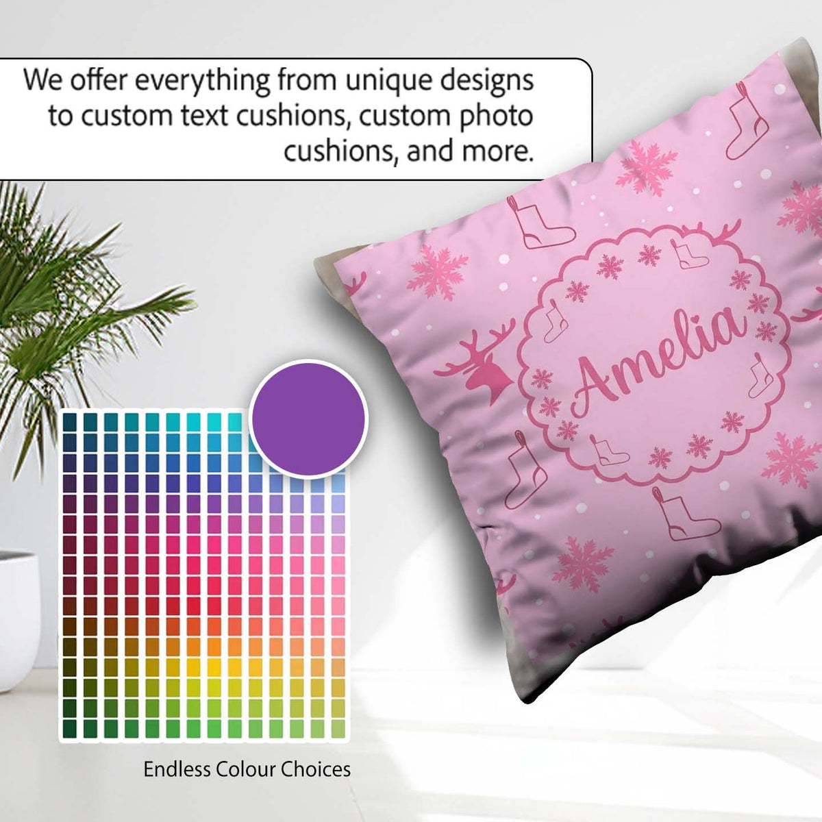 Custom Name Reindeer Snowflake Christmas Stocking Pink Seamless Square Filled Cushion Throw Pillow Sofa Bed Home Decor Zip Washable UK Made