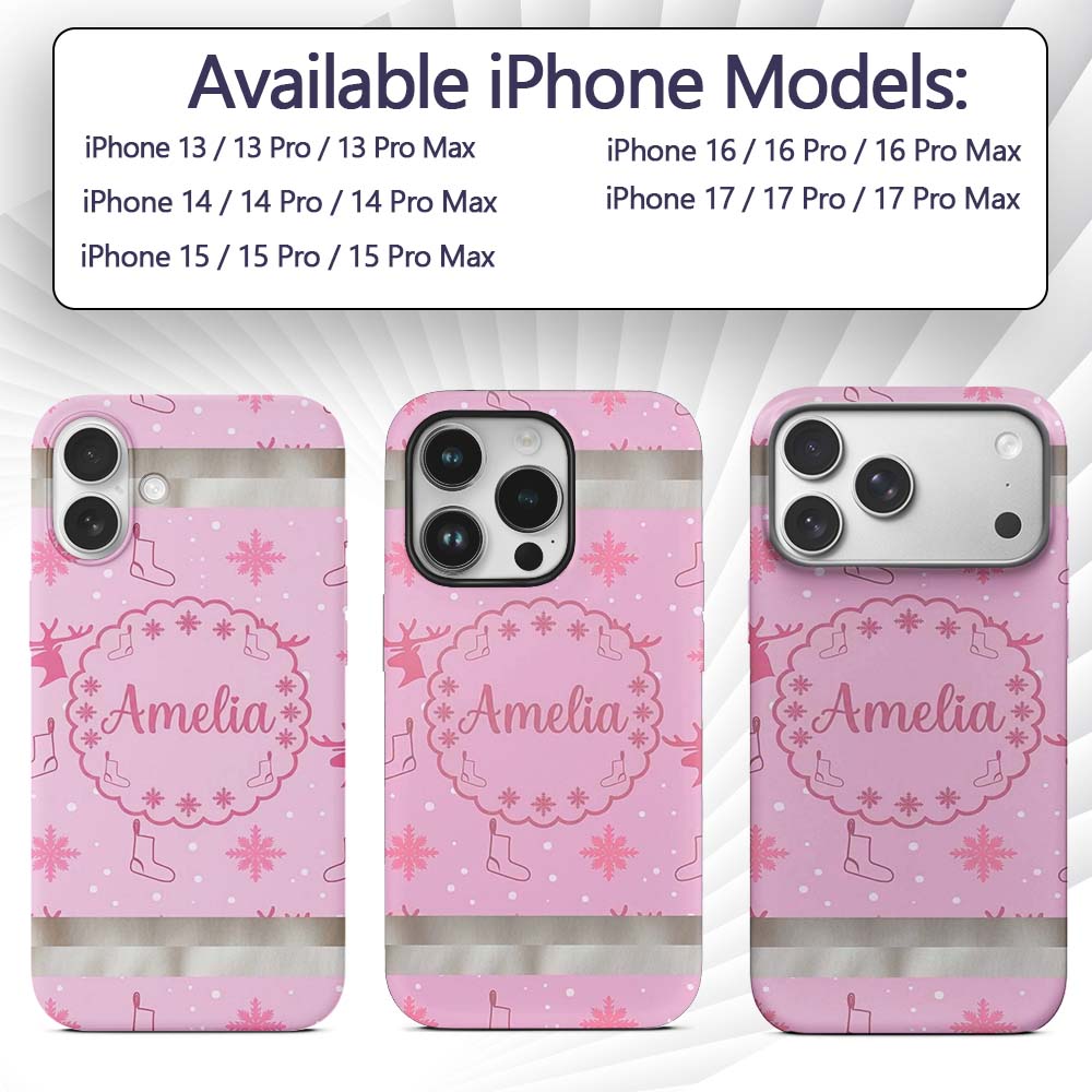 Cute Reindeer Snowflake Christmas Stocking Pink Custom Name Protective Phone Case Mobile Cover Durable Everyday Smartphone Shock Resistant