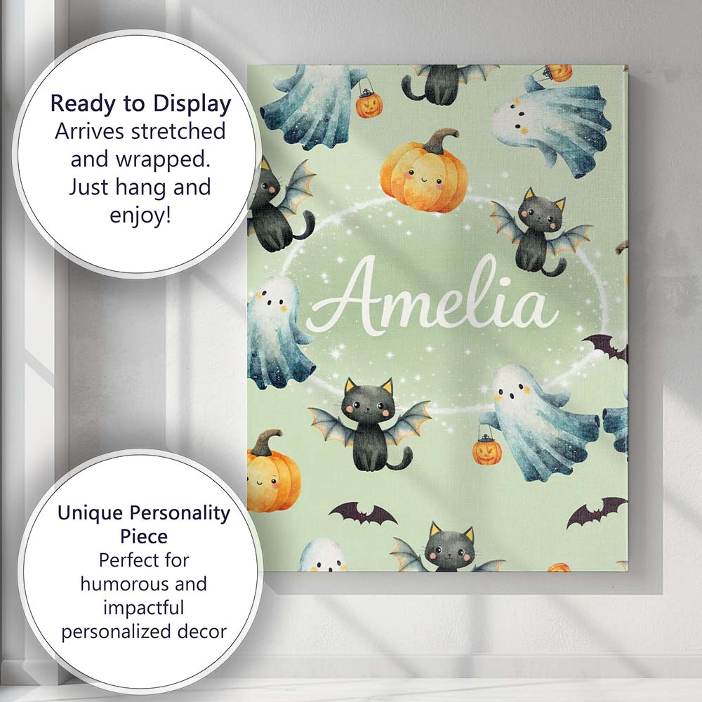 Personalised Name Halloween Ghost Pumpkin Cat Seamless Pattern Sage Custom Canvas Wall Art Print Decor Picture Ready to Hang