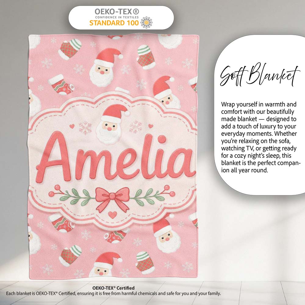 Cute Santa Claus Mittens Socks Christmas Seamless Pattern Lovely Personalised Custom Name Super Soft Fleece Blanket Bed Sofa Throw