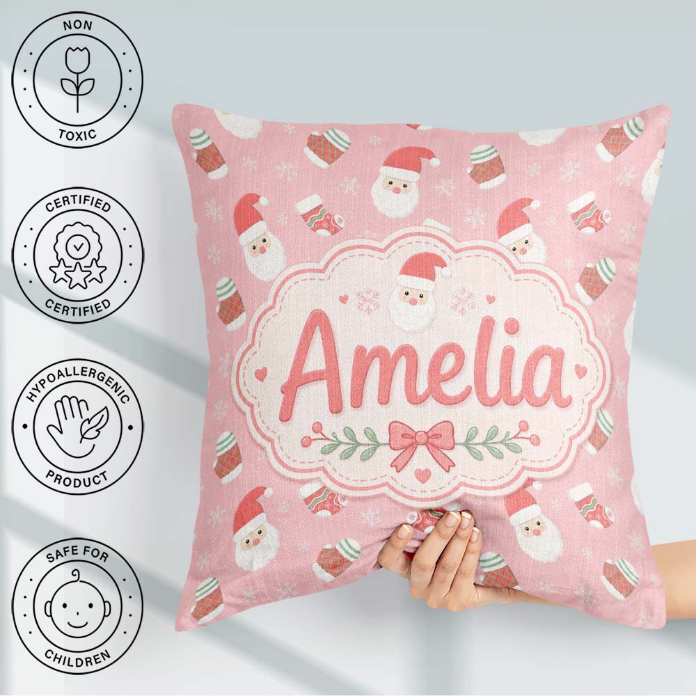 Custom Name Santa Claus Mittens Socks Christmas Seamless Pattern Square Filled Cushion Throw Pillow Sofa Bed Home Decor Zip Washable UK Made