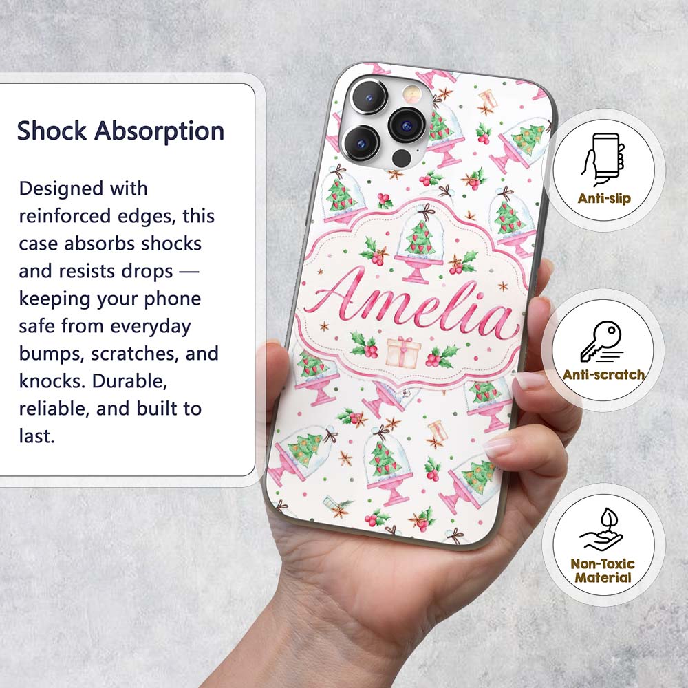 Watercolor Christmas Snow Globe Tree Holiday Custom Name Protective Phone Case Mobile Cover Durable Everyday Smartphone Shock Resistant