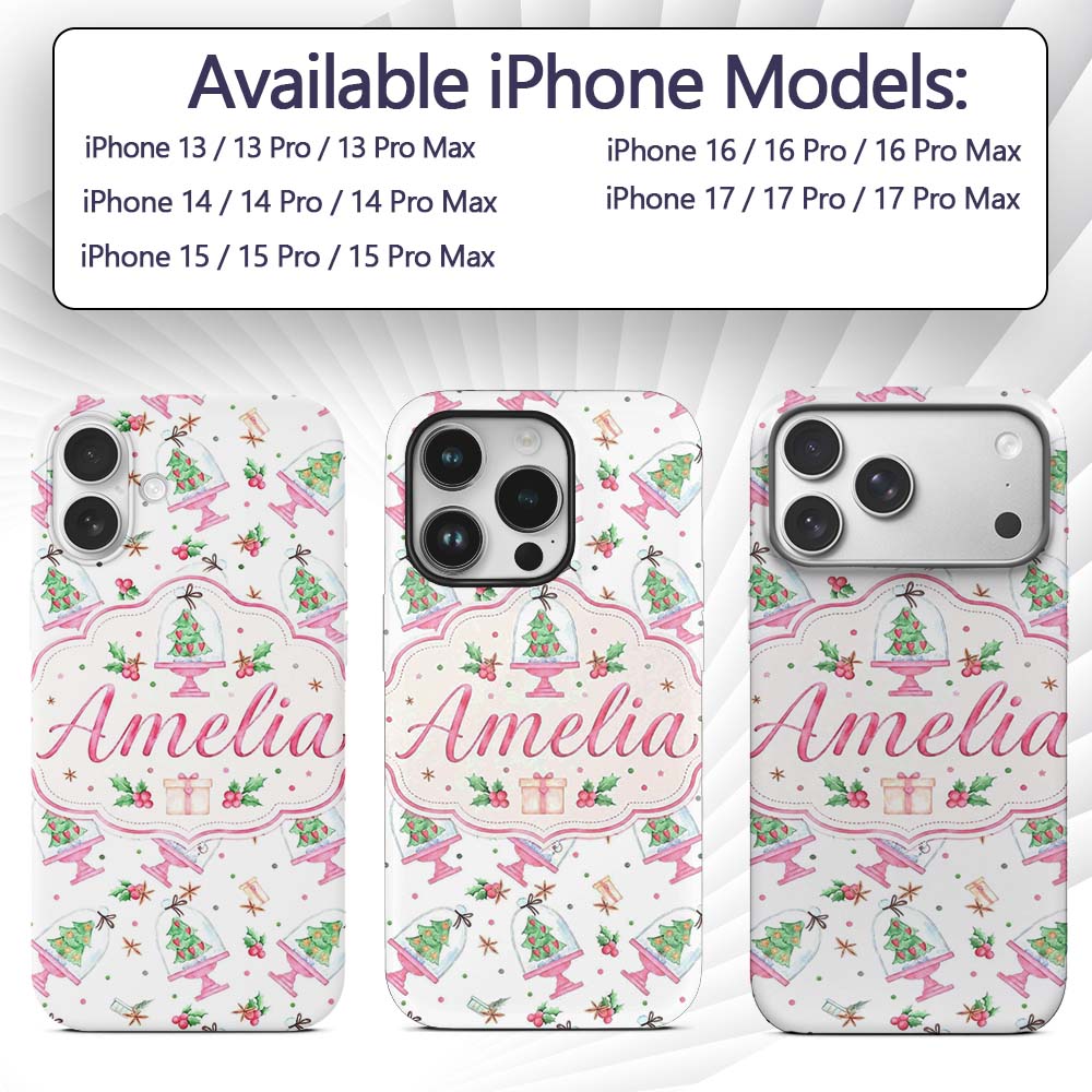 Watercolor Christmas Snow Globe Tree Holiday Custom Name Protective Phone Case Mobile Cover Durable Everyday Smartphone Shock Resistant