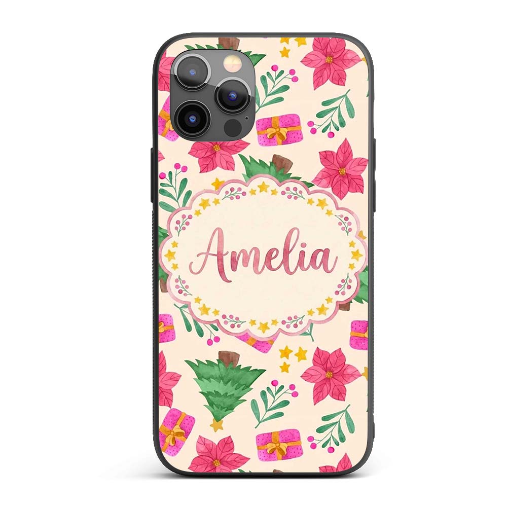 Watercolor Christmas Poinsettia Gift Tree Festive Custom Name Protective Phone Case Mobile Cover Durable Everyday Smartphone Shock Resistant