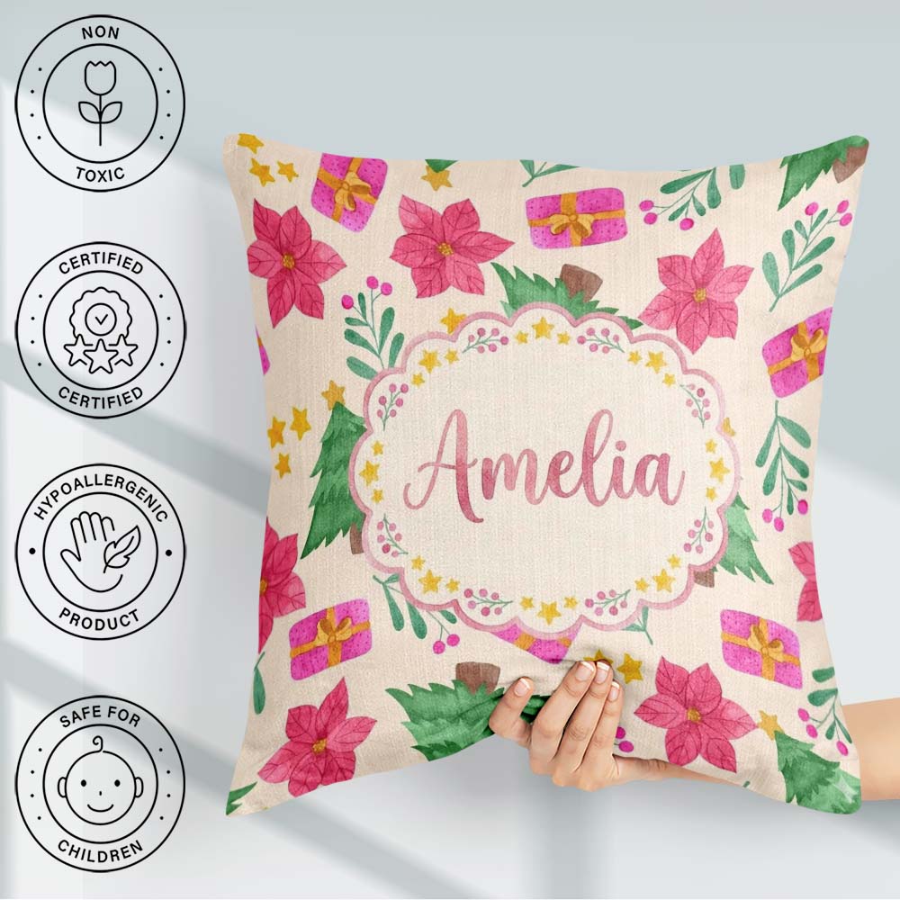 Custom Name Watercolor Christmas Poinsettia Tree Festive Pattern Square Filled Cushion Throw Pillow Sofa Bed Home Decor Zip Washable UK Made