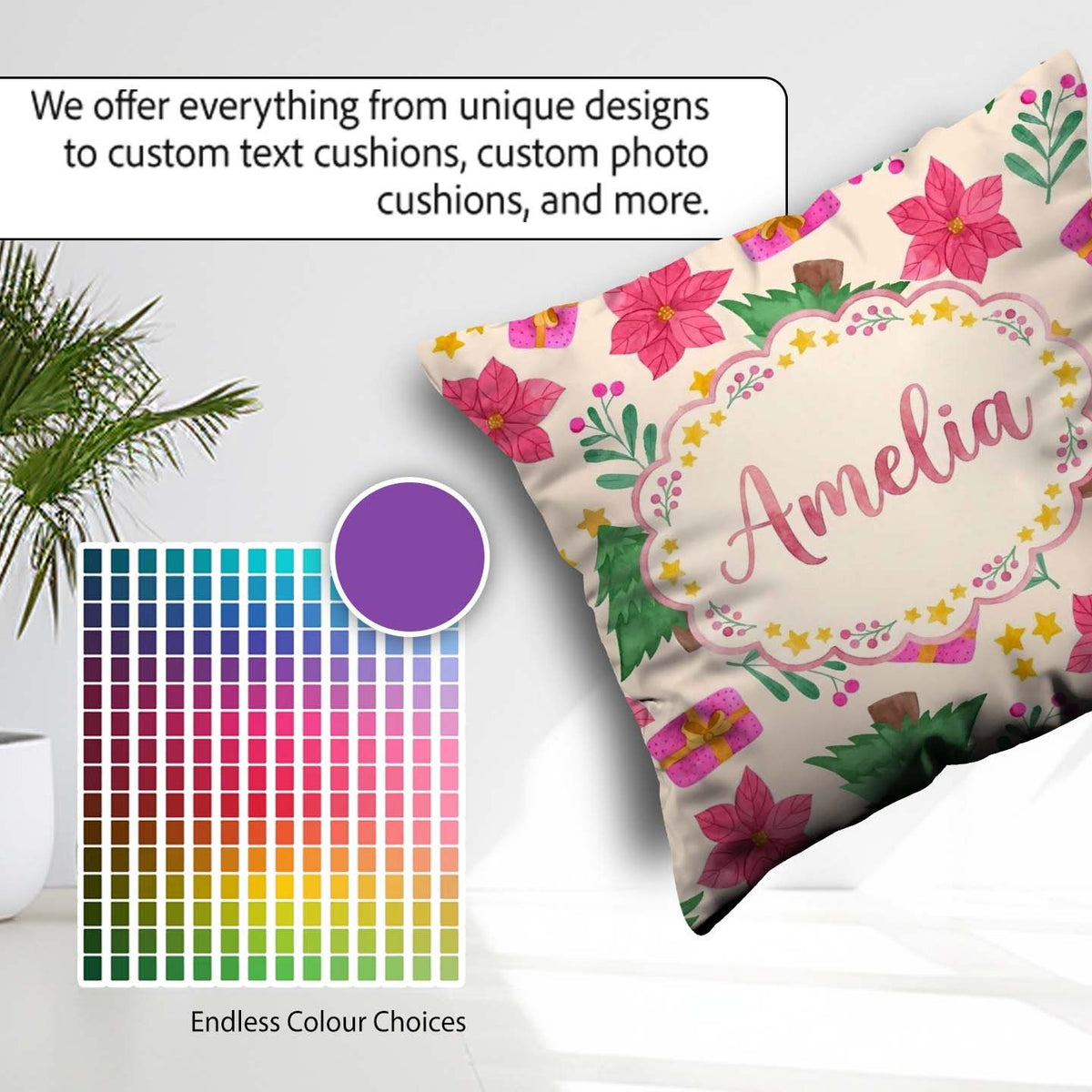 Custom Name Watercolor Christmas Poinsettia Tree Festive Pattern Square Filled Cushion Throw Pillow Sofa Bed Home Decor Zip Washable UK Made