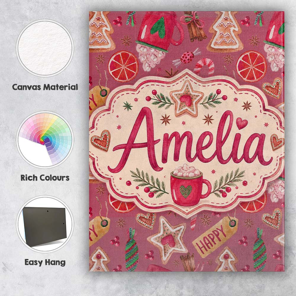Personalised Name Watercolor Christmas Custom Modern Room Accent Elegant Feature Canvas Wall Art Print Decor Picture Ready to Hang