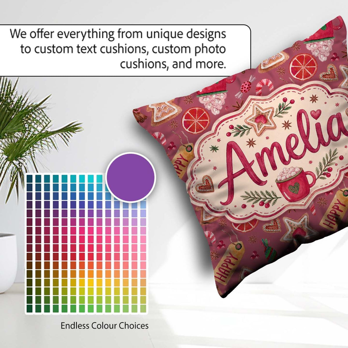 Custom Name Watercolor Christmas Sweets Festive Seamless Pattern Square Filled Cushion Throw Pillow Sofa Bed Home Decor Zip Washable UK Made