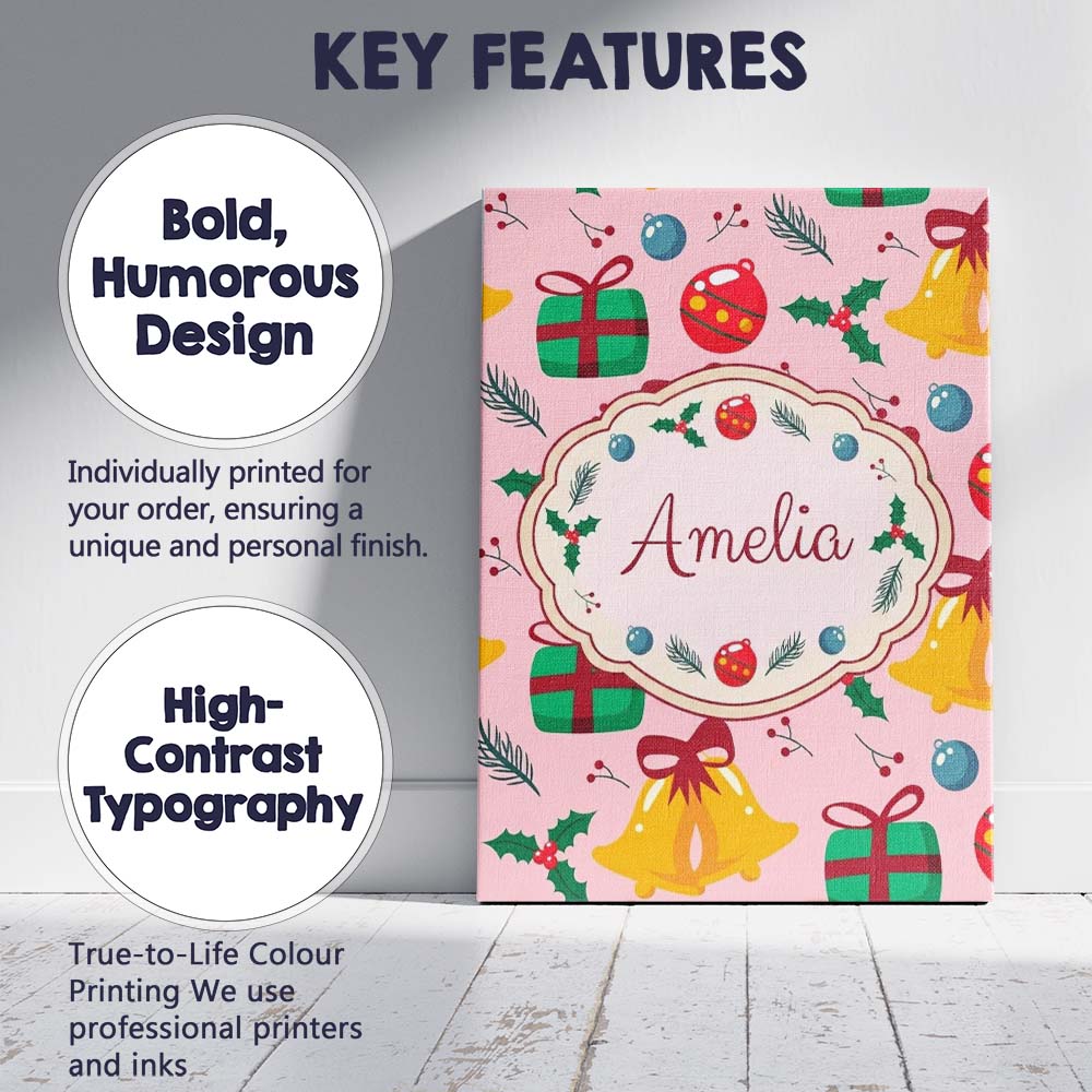 Personalised Name Cute Christmas Bells Custom Modern Room Accent Elegant Feature Canvas Wall Art Print Decor Picture Ready to Hang