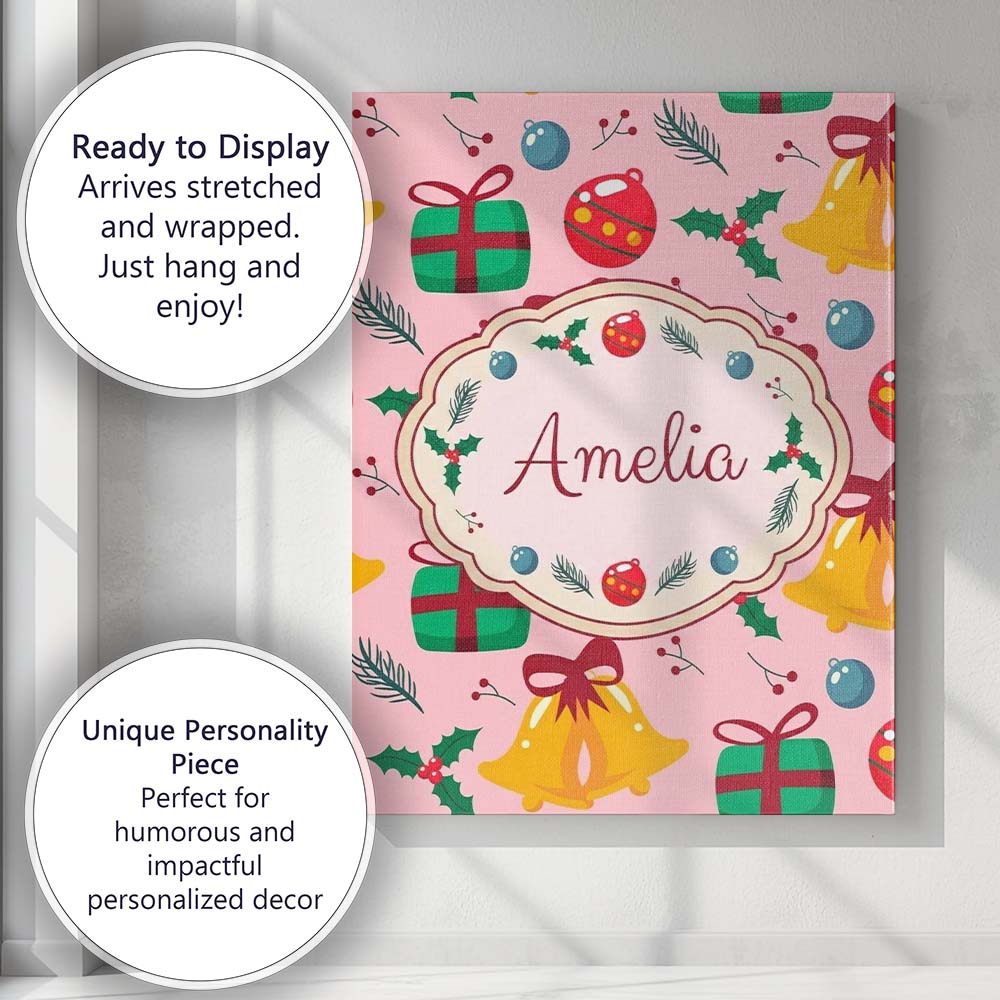 Personalised Name Cute Christmas Bells Custom Modern Room Accent Elegant Feature Canvas Wall Art Print Decor Picture Ready to Hang