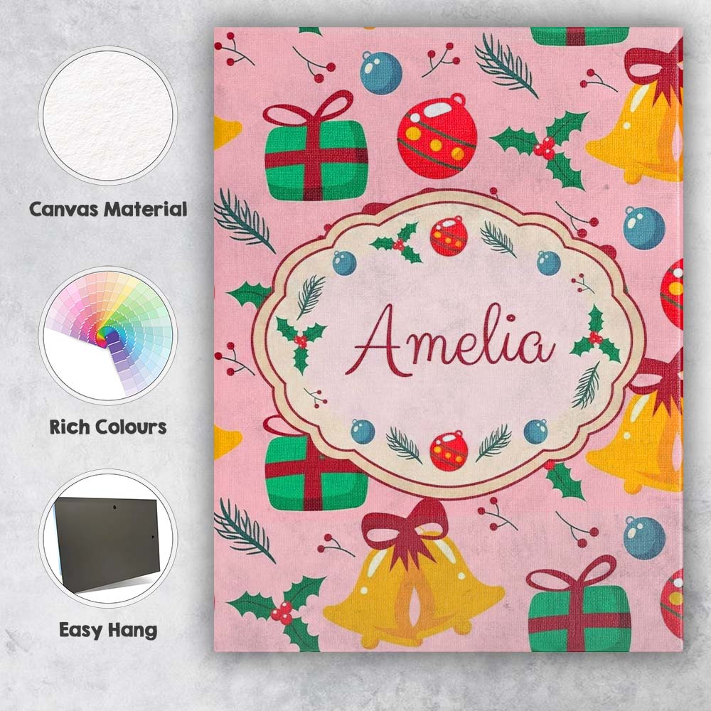 Personalised Name Cute Christmas Bells Custom Modern Room Accent Elegant Feature Canvas Wall Art Print Decor Picture Ready to Hang