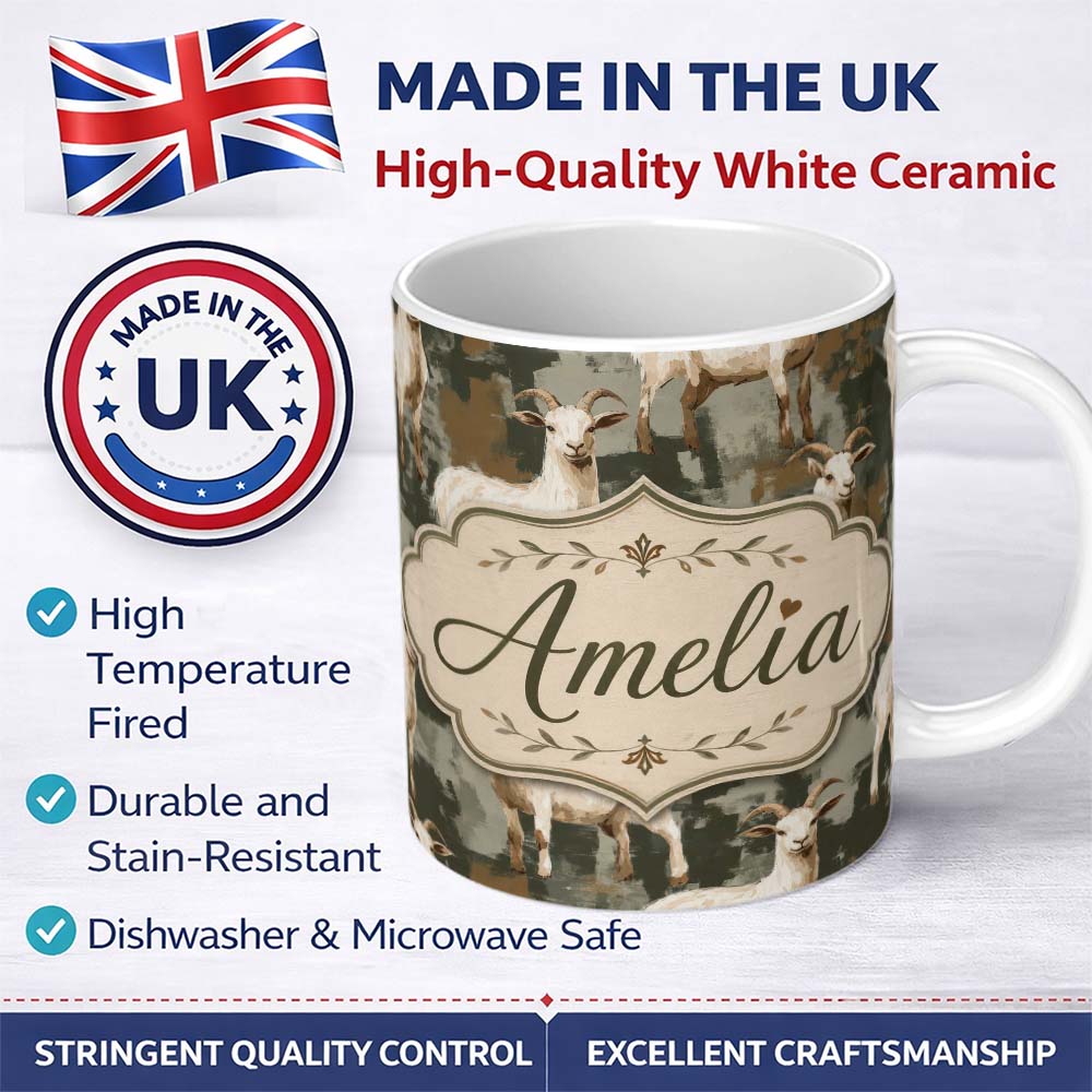 Personalized Custom Name Rustic Farm Goat Animal Illustration Seamless Pattern Lovely 11oz Ceramic Coffee Tea Mug White Large Handle