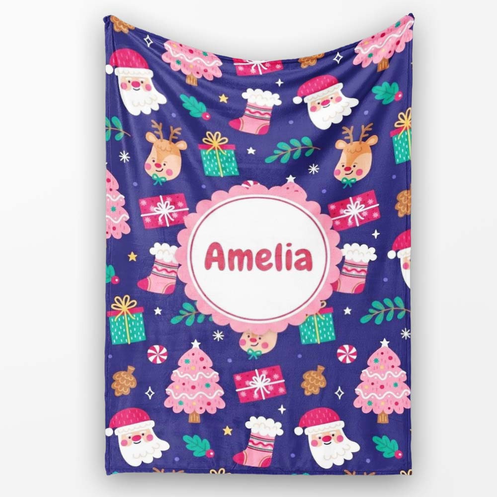 Cute Santa Reindeer Tree Gift Festive Night Seamless Pattern Lovely Personalised Custom Name Super Soft Fleece Blanket Bed Sofa Throw