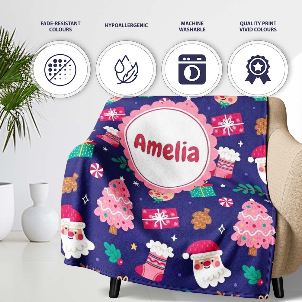 Cute Santa Reindeer Tree Gift Festive Night Seamless Pattern Lovely Personalised Custom Name Super Soft Fleece Blanket Bed Sofa Throw