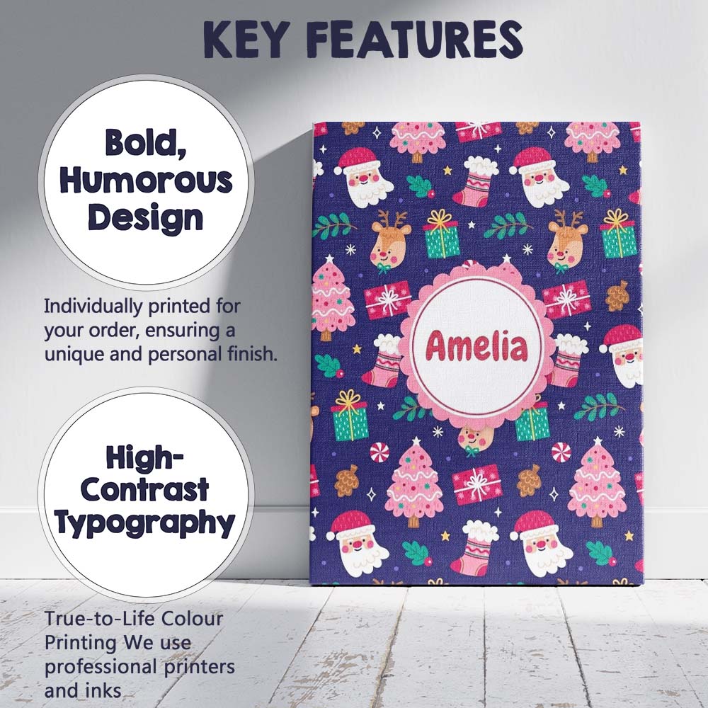 Personalised Name Cute Santa Reindeer Tree Custom Unique Gift Idea Elegant Feature Canvas Wall Art Print Decor Picture Ready to Hang