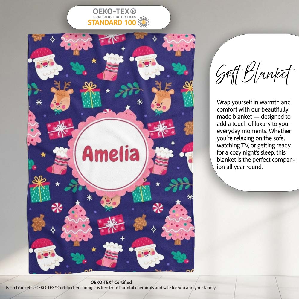 Cute Santa Reindeer Tree Gift Festive Night Seamless Pattern Lovely Personalised Custom Name Super Soft Fleece Blanket Bed Sofa Throw