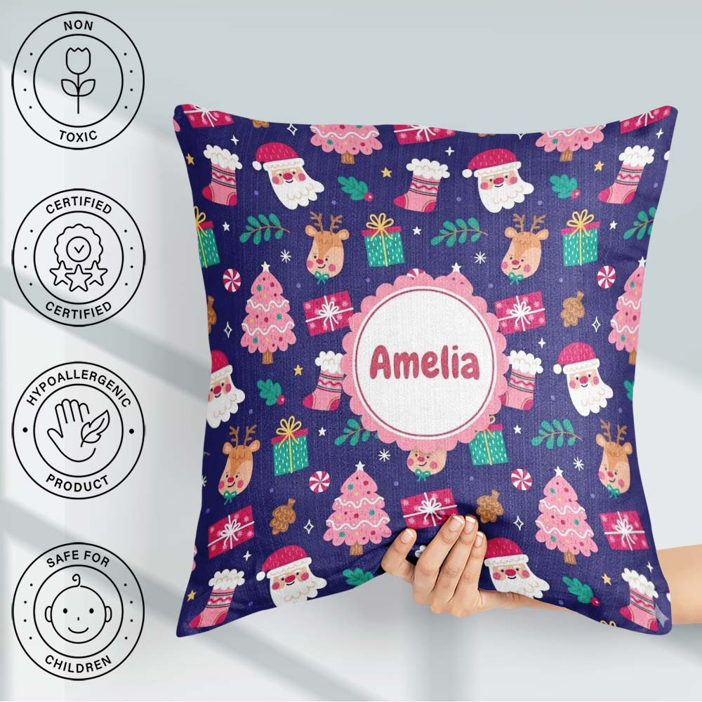 Custom Name Santa Reindeer Tree Festive Night Seamless Pattern Square Filled Cushion Throw Pillow Sofa Bed Home Decor Zip Washable UK Made