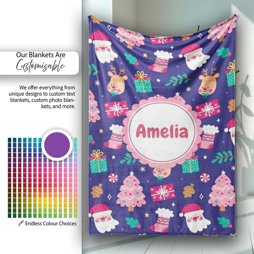 Cute Santa Reindeer Tree Gift Festive Night Seamless Pattern Lovely Personalised Custom Name Super Soft Fleece Blanket Bed Sofa Throw