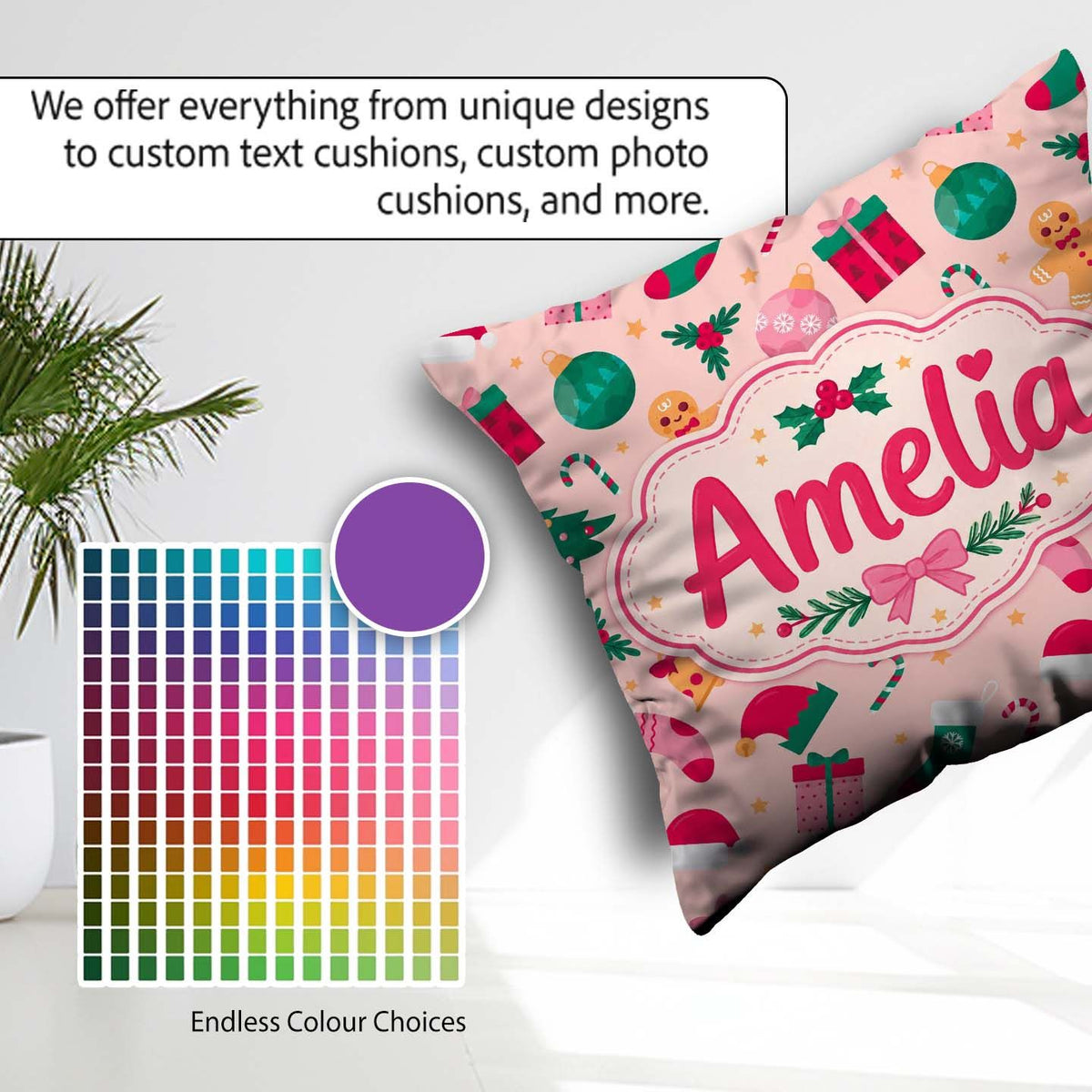 Custom Name Cute Gingerbread Candy Cane Christmas Tree Seamless Square Filled Cushion Throw Pillow Sofa Bed Home Decor Zip Washable UK Made