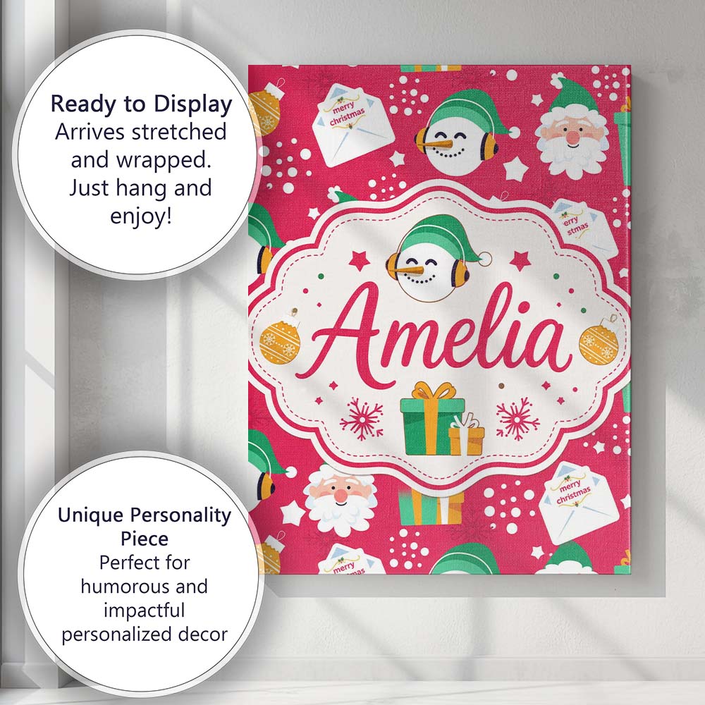 Personalised Name Cute Santa Snowman Custom Contemporary Display Elegant Feature Canvas Wall Art Print Decor Picture Ready to Hang