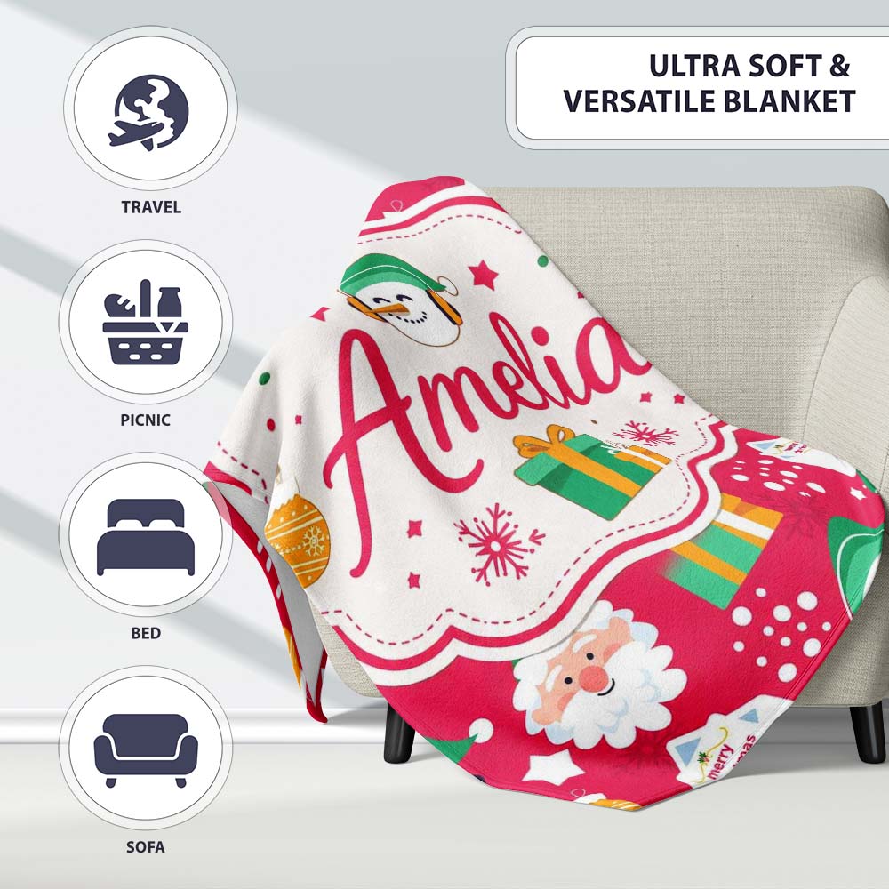 Cute Santa Snowman Gift Merry Christmas Seamless Pattern Lovely Personalised Custom Name Super Soft Fleece Blanket Bed Sofa Throw