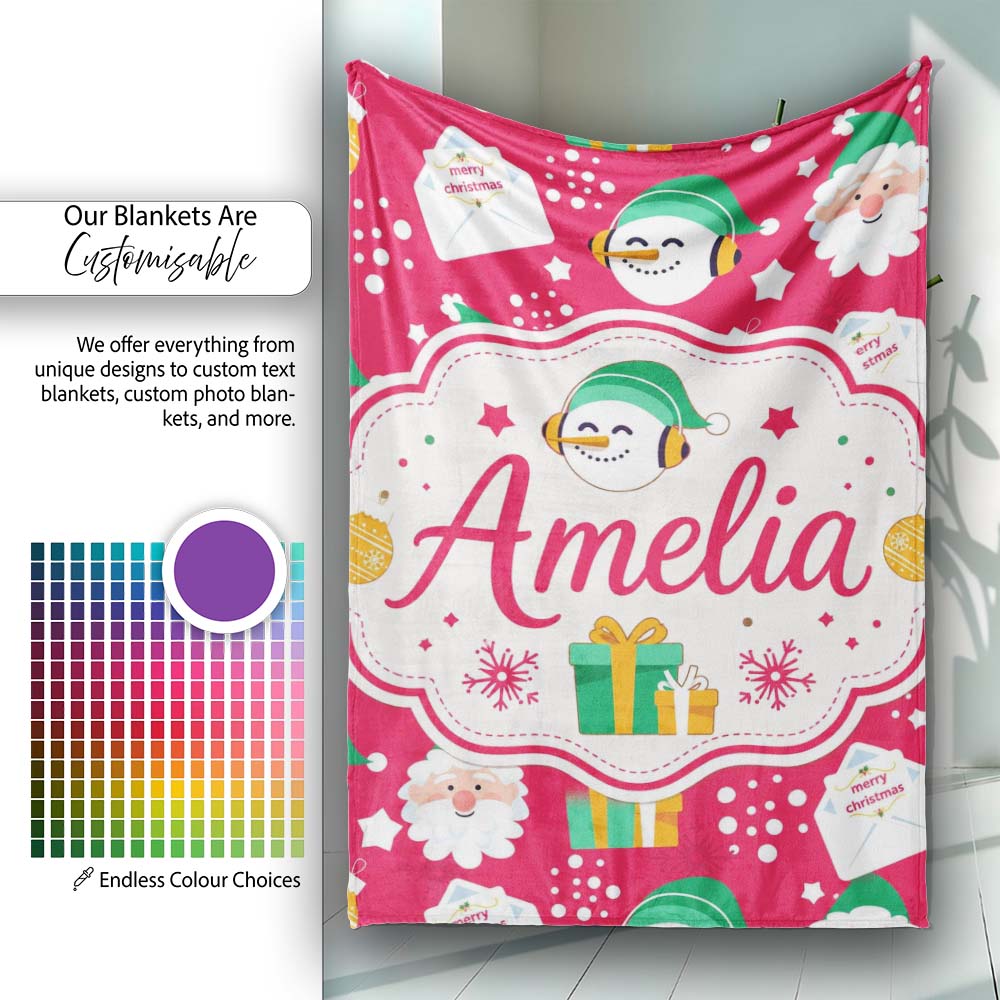 Cute Santa Snowman Gift Merry Christmas Seamless Pattern Lovely Personalised Custom Name Super Soft Fleece Blanket Bed Sofa Throw