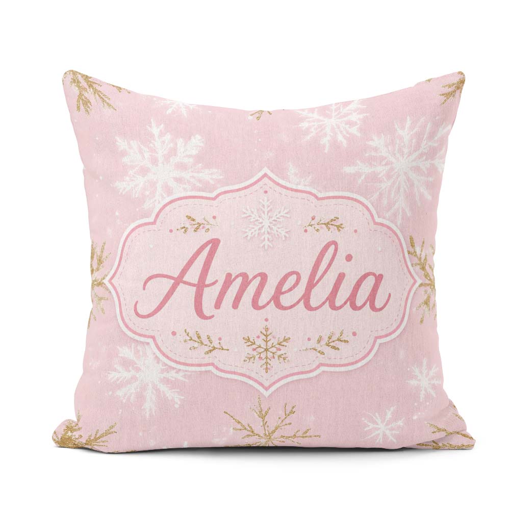 Custom Name Soft White Snowflake Pink Background Seamless Lovely Square Filled Cushion Throw Pillow Sofa Bed Home Decor Zip Washable UK Made