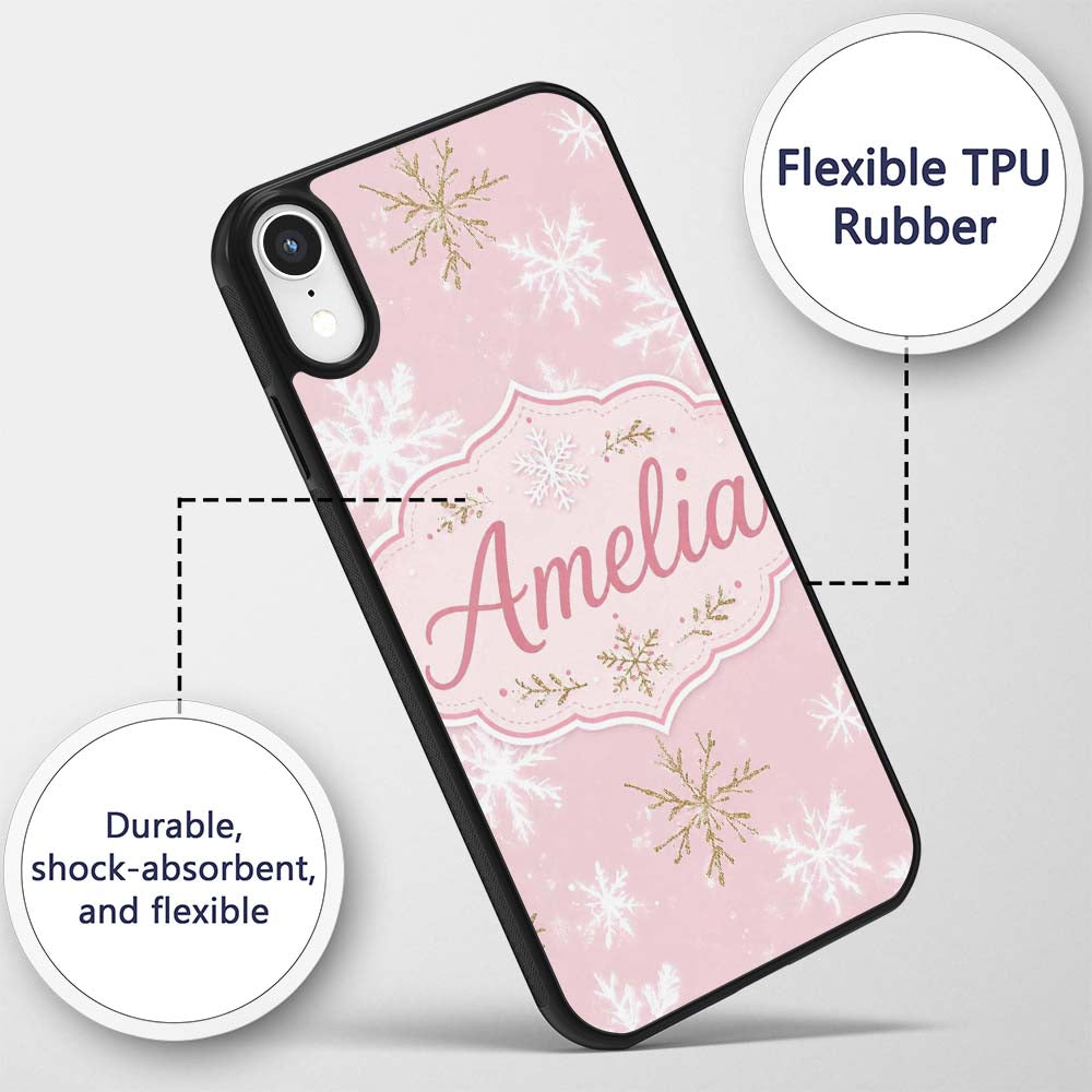 Soft White Snowflake Pink Background Seamless Custom Name Protective Phone Case Mobile Cover Durable Everyday Smartphone Shock Resistant