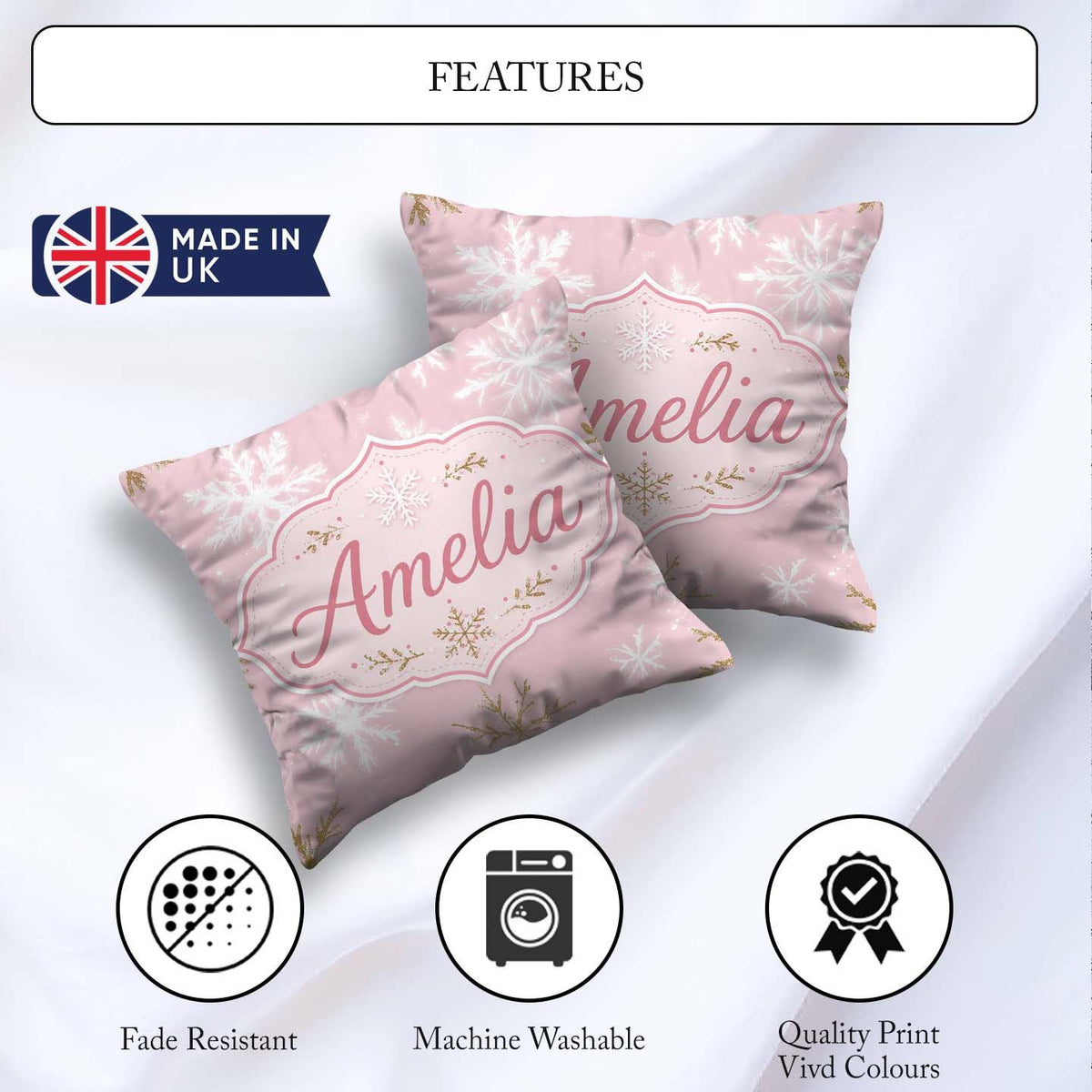 Custom Name Soft White Snowflake Pink Background Seamless Lovely Square Filled Cushion Throw Pillow Sofa Bed Home Decor Zip Washable UK Made