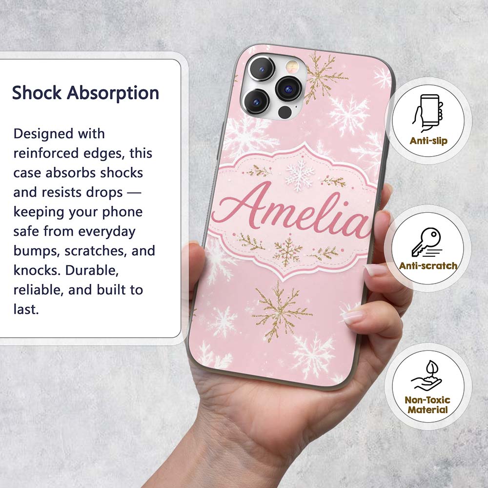 Soft White Snowflake Pink Background Seamless Custom Name Protective Phone Case Mobile Cover Durable Everyday Smartphone Shock Resistant