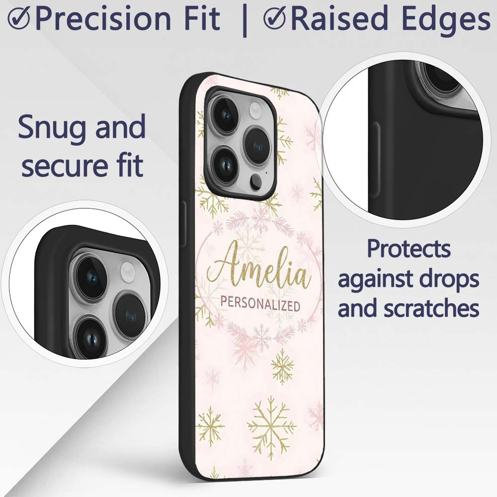 Elegant Gold Snowflake White Pink Printed Design Custom Name Protective Phone Case Mobile Cover Durable Everyday Smartphone Shock Resistant