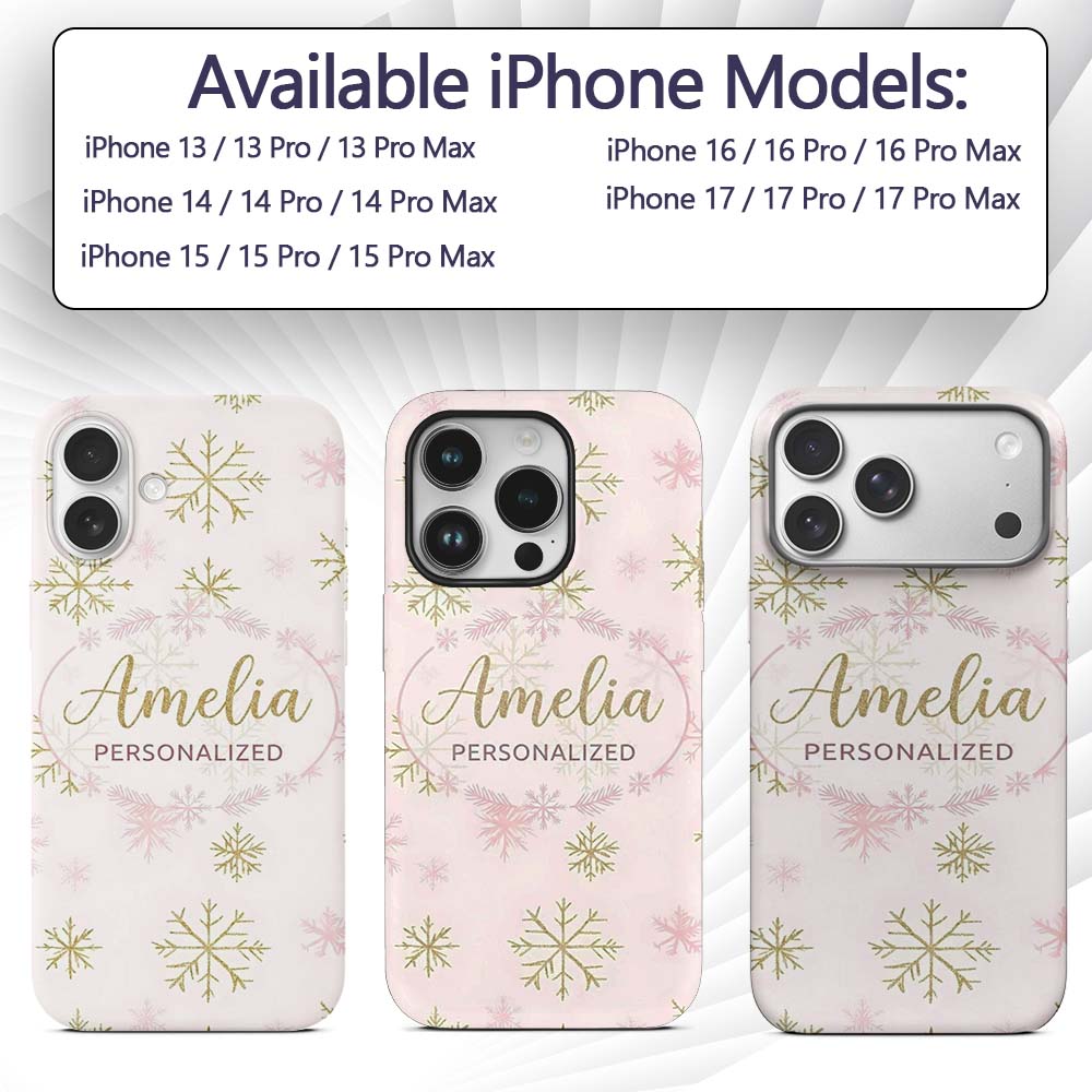 Elegant Gold Snowflake White Pink Printed Design Custom Name Protective Phone Case Mobile Cover Durable Everyday Smartphone Shock Resistant