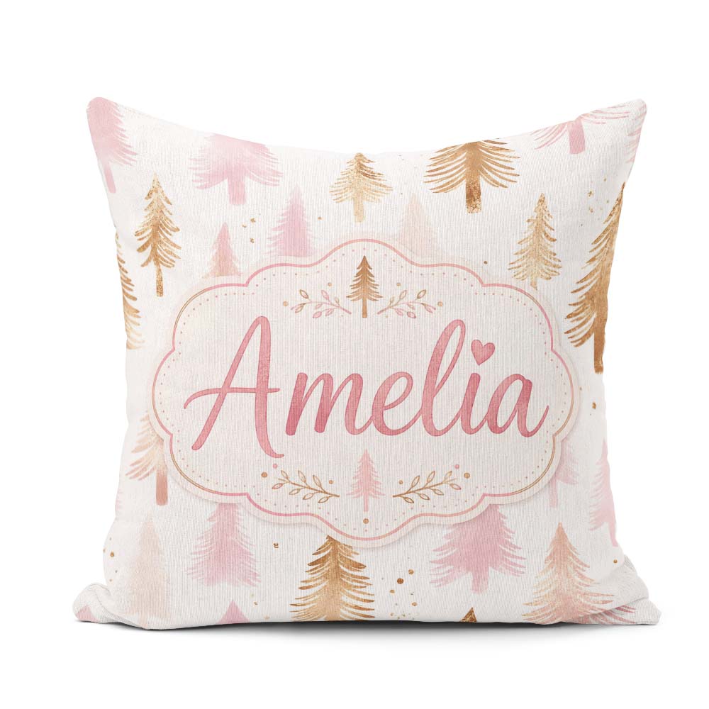 Custom Name Elegant Gold Pink Christmas Tree Watercolor Seamless Square Filled Cushion Throw Pillow Sofa Bed Home Decor Zip Washable UK Made