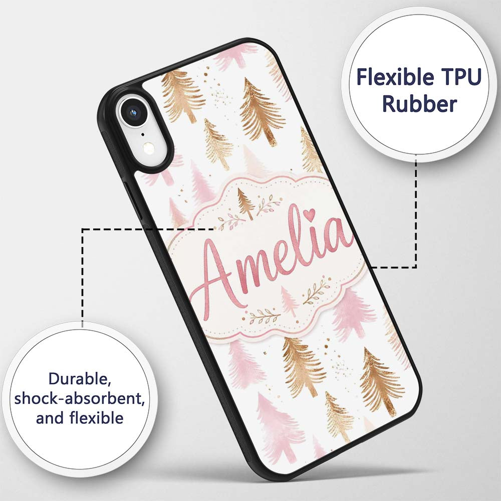 Elegant Gold Pink Christmas Tree Printed Design Custom Name Protective Phone Case Mobile Cover Durable Everyday Smartphone Shock Resistant