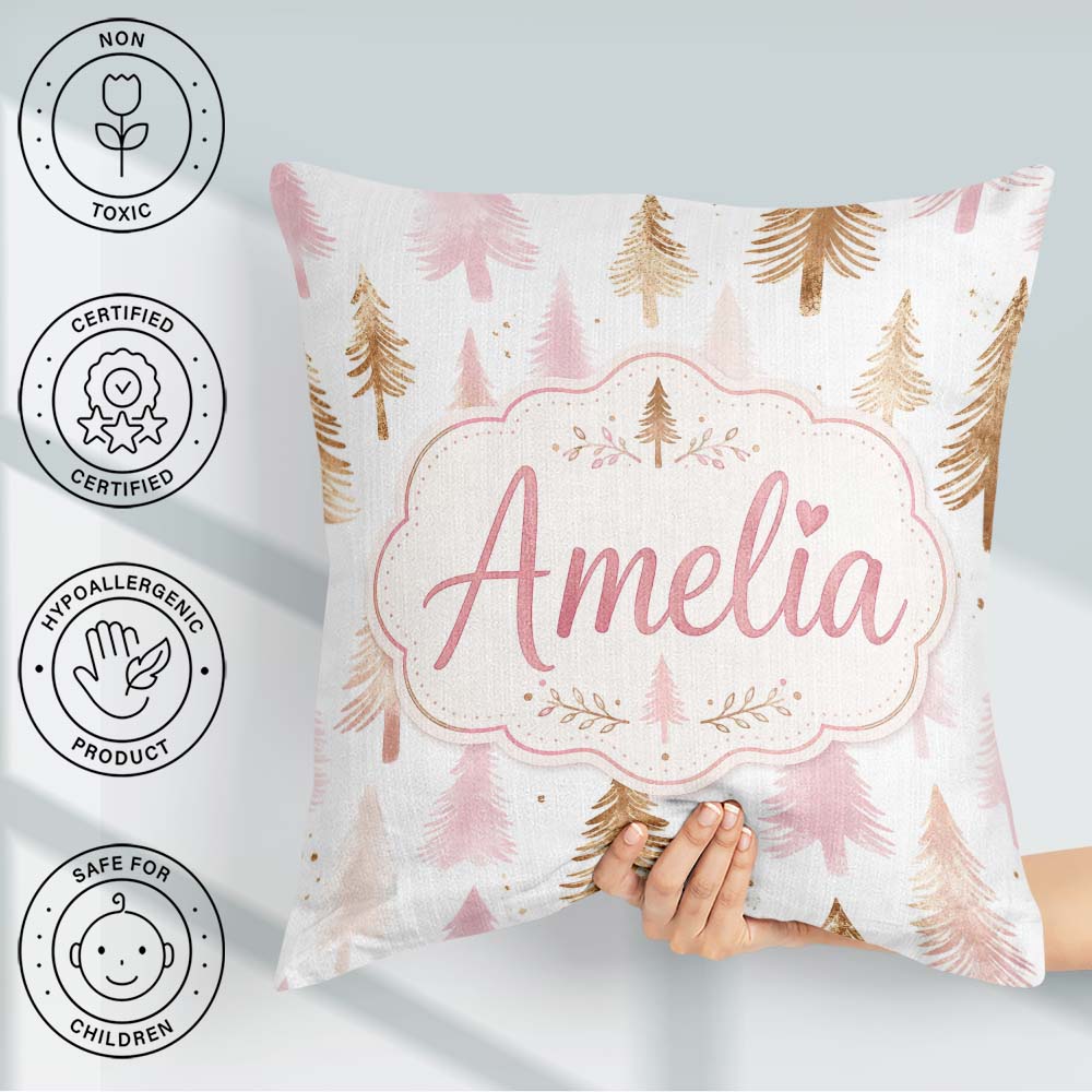 Custom Name Elegant Gold Pink Christmas Tree Watercolor Seamless Square Filled Cushion Throw Pillow Sofa Bed Home Decor Zip Washable UK Made