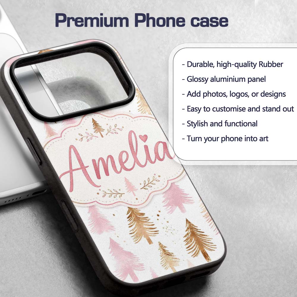 Elegant Gold Pink Christmas Tree Printed Design Custom Name Protective Phone Case Mobile Cover Durable Everyday Smartphone Shock Resistant