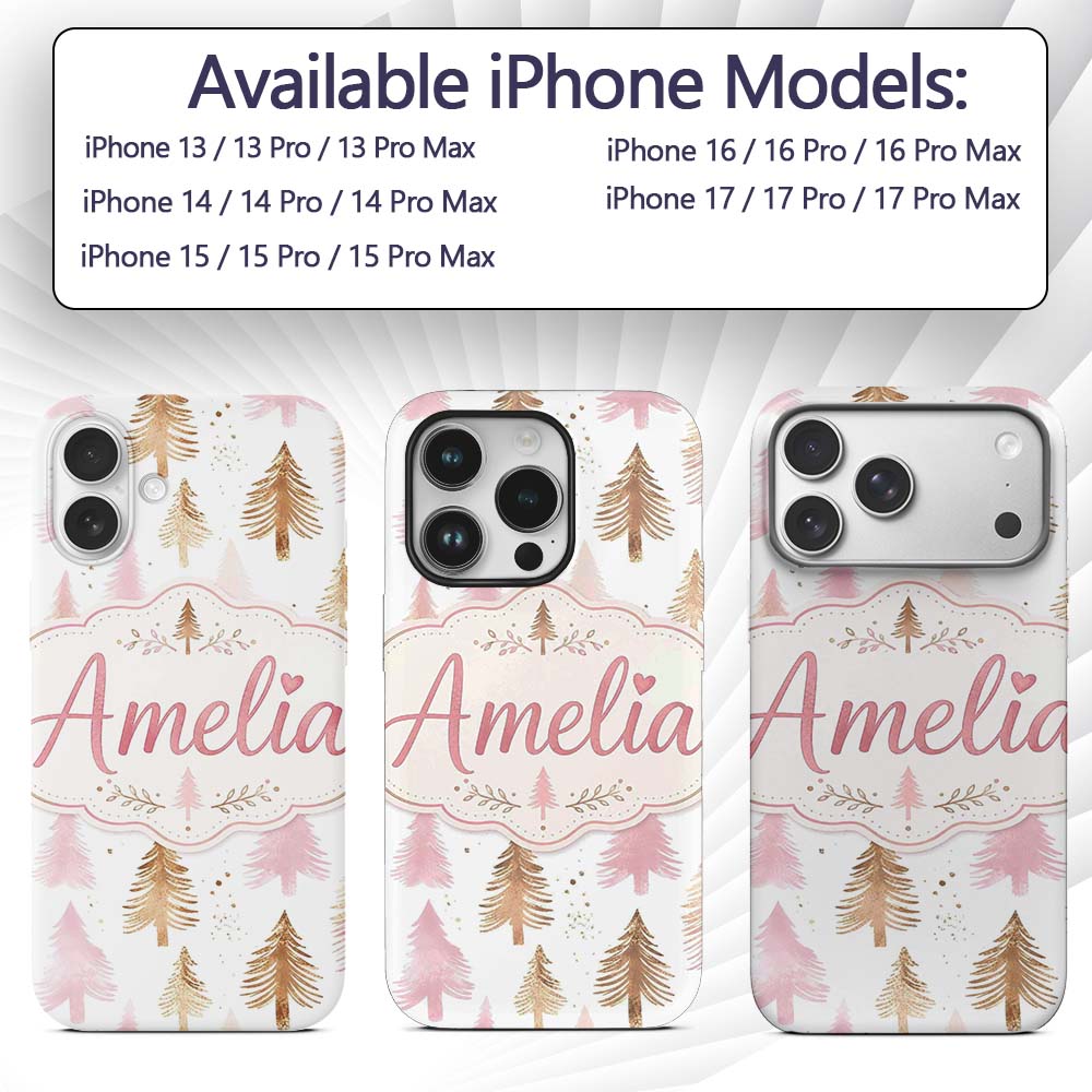 Elegant Gold Pink Christmas Tree Printed Design Custom Name Protective Phone Case Mobile Cover Durable Everyday Smartphone Shock Resistant